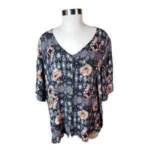 DayTrip Women's Floral Button-Up Blouse Back Cinch Tie Size XXL Rayon